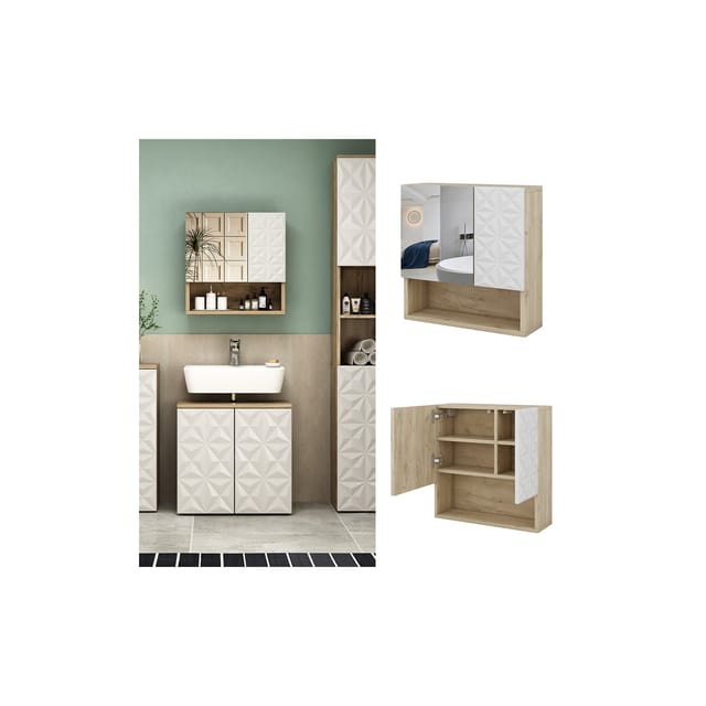 Vicco Badspiegelschrank Edge Weiß/Eiche 54 x 55 cm mit Tür und Offenen Fächern