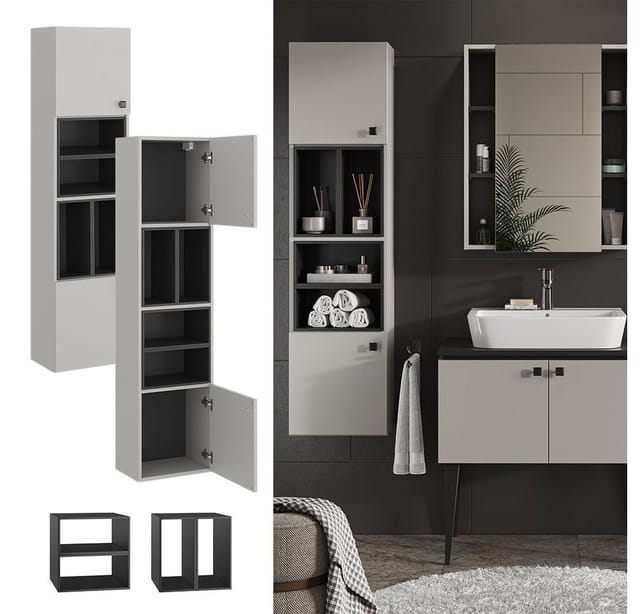 Vicco Badschrank Gerta Grau/Schwarz 38 x 150 cm mit Tür und Offenen Fächern Opt 2