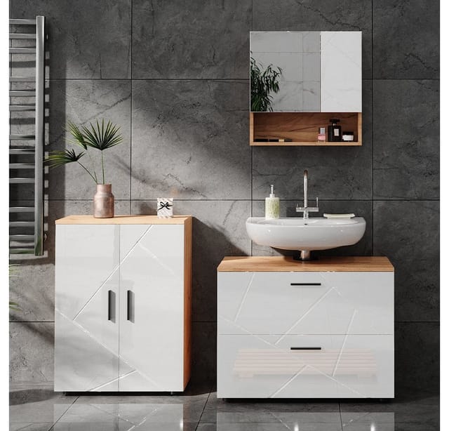 Vicco Badspiegelschrank Irma Eiche/Weiß Hochglanz 54 x 55 cm