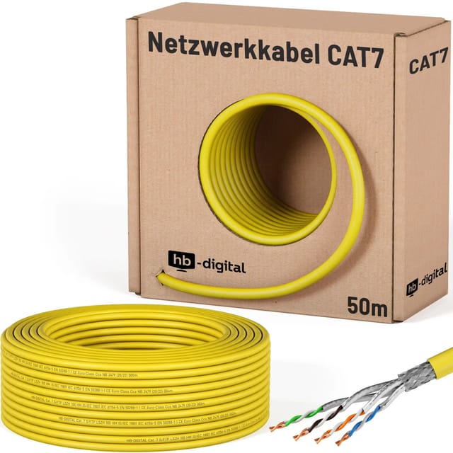 hb-digital CAT 7 Kabel Netzwerkkabel max. 1000 MHz S/FTP AWG23 LSZH 50m gelb