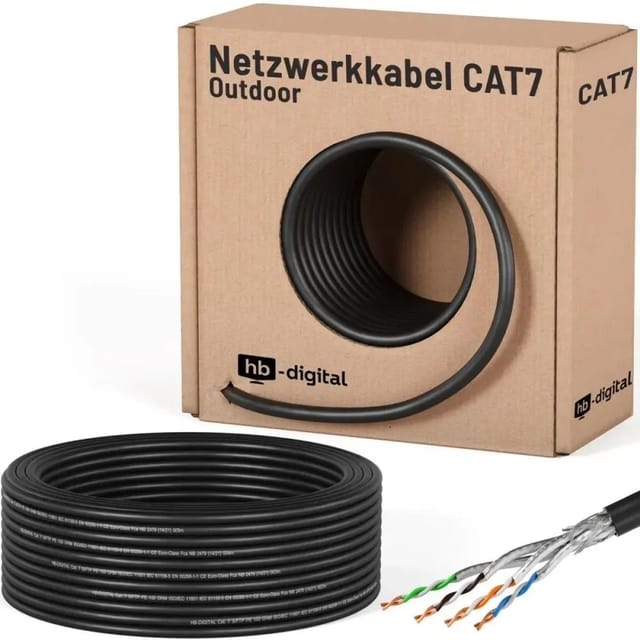 hb-digital CAT 7 Kabel für Außenbereich LAN Datenkabel max. 1000 MHz S/FTP PE AWG23 50m schwarz