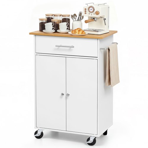 VEVOR Kücheninselwagen mit 1 Schublade & 2 Türen Weiß Mobile Kücheninsel, Küchenwagen mit Schrank, Handtuchhalter, Tischplatte (600 x 380 x 15 mm) & Haken fürs Esszimmer, Küche, Mobiler Servierwagen
