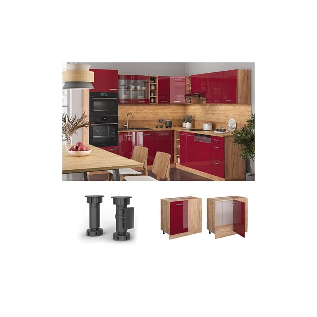 Vicco Eckunterschrank R-Line Bordeaux Hochglanz/Goldkraft Eiche 86 cm ohne Arbeitsplatte