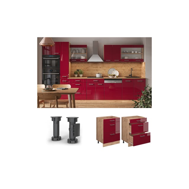 Vicco Küchenunterschrank R-Line Bordeaux Hochglanz/Goldkraft Eiche 60 cm mit Schubladen ohne Arbeitsplatte