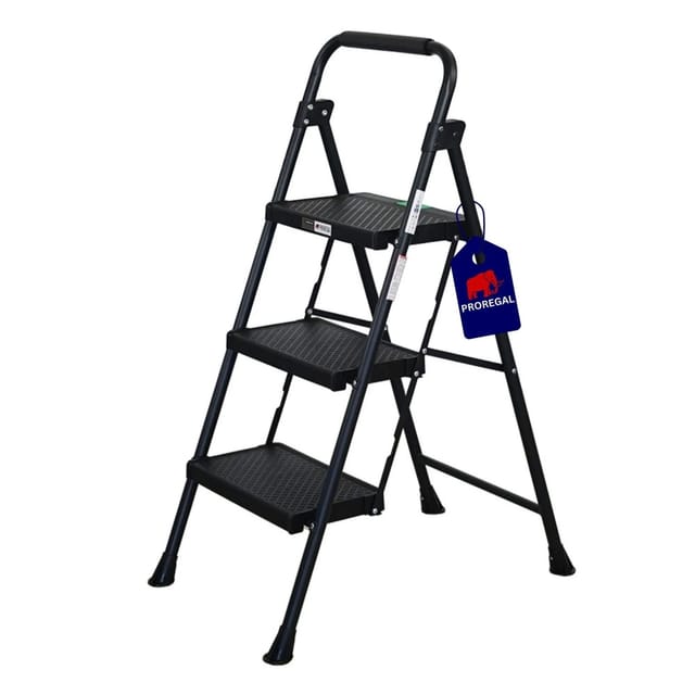 PROREGAL Profi-Trittleiter Klappbar 3 Geriffelte Stufen Aus Kunststoff 106x48x70cm Traglast 150kg Stahl Schwarz Klapptritt Klappleiter Haushaltsleiter