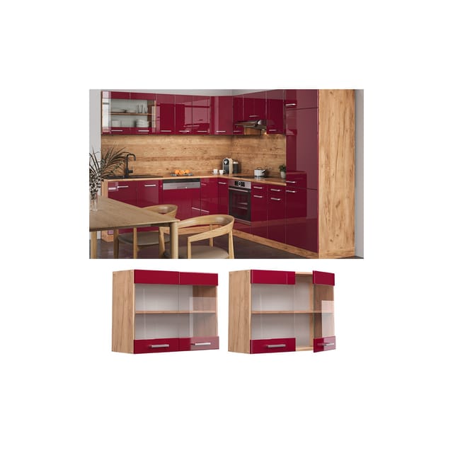 Vicco Küchenglasschrank R-Line Bordeaux Hochglanz/Goldkraft Eiche 80 cm