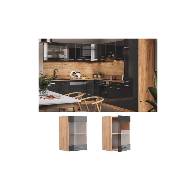 Vicco Küchenglasschrank R-Line Anthrazit Hochglanz/Goldkraft Eiche 40 cm