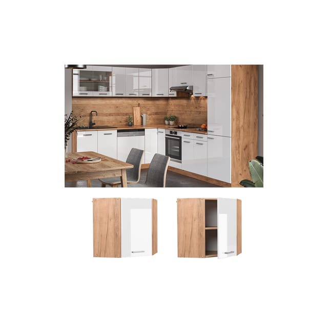 Vicco Eckhängeschrank R-Line Küchen-Eckschrank Weiß Hochglanz/Goldkraft Eiche 57 cm