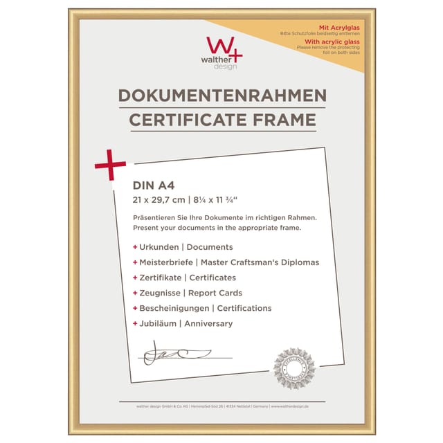 walther design New Lifestyle Kunststoff Bilderrahmen Kunstglas 21x29,7 cm Gold