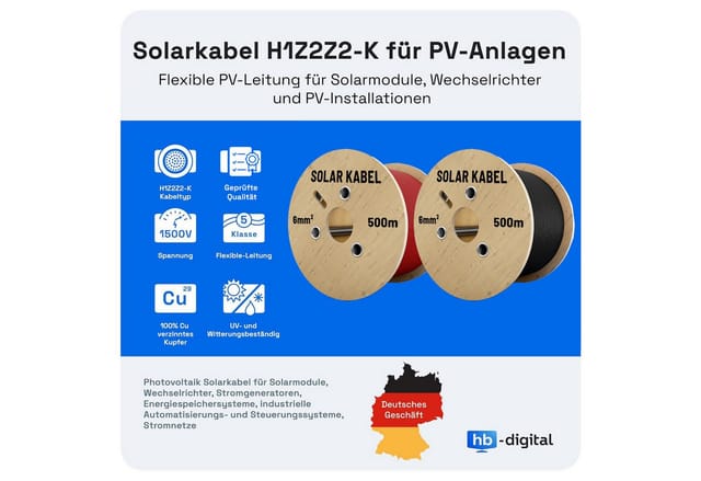 hb-digital Solarkabel 6 mm² Photovoltaik Kabel für PV Anlagen 50m rot