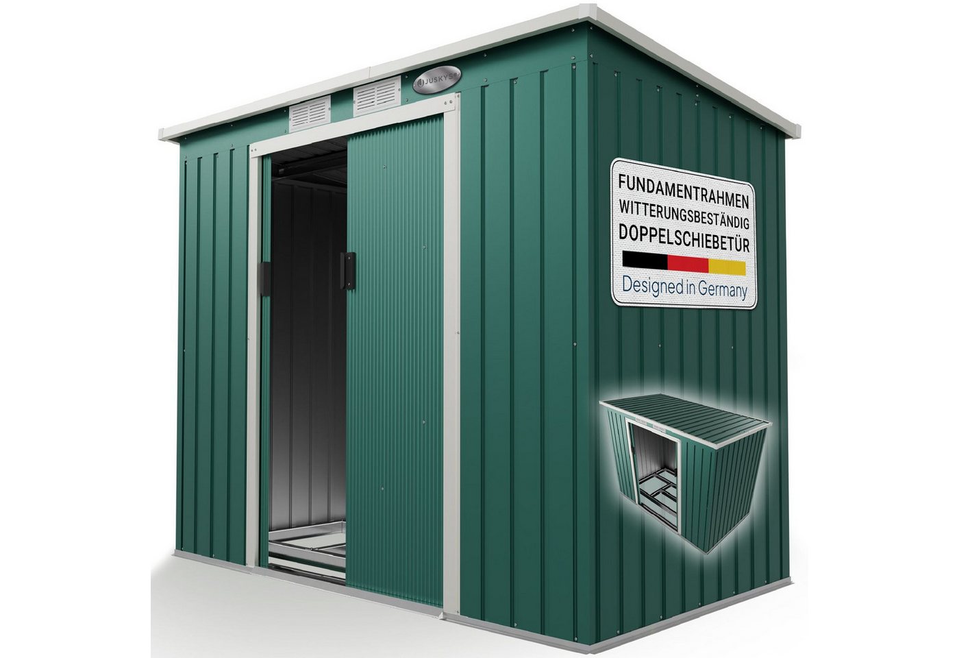 Juskys Metall Geräteschuppen Gerätehaus M mit Pultdach in Dunkelgrün