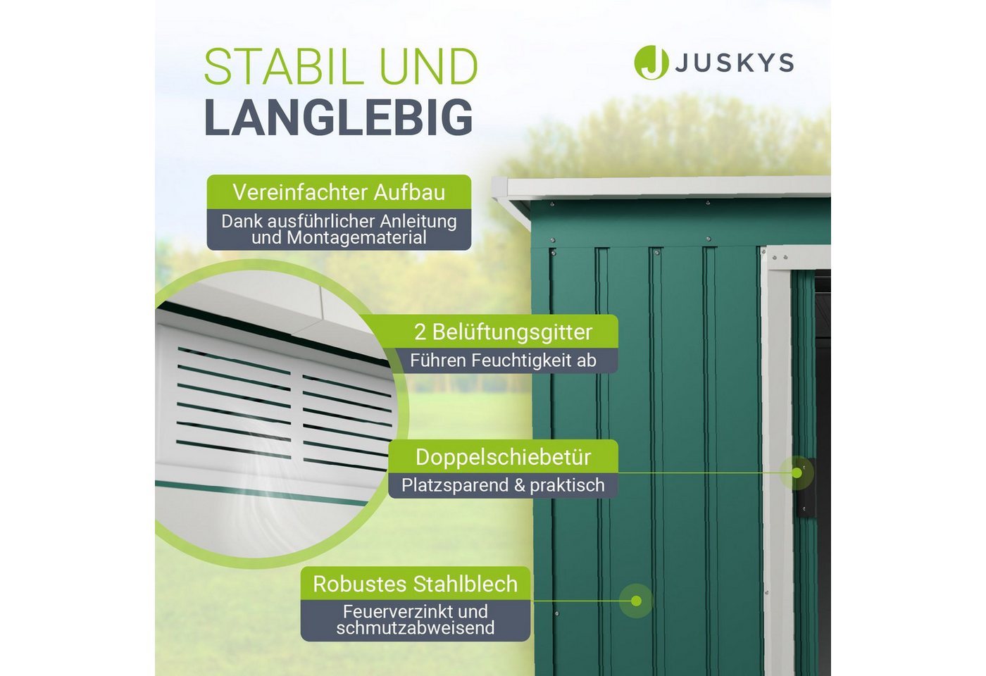 Juskys Metall Geräteschuppen Gerätehaus M mit Pultdach in Dunkelgrün Bild 2