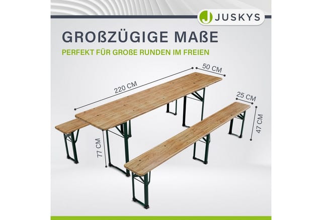 Juskys Bierzeltgarnitur Passau 3 teilig klappbar mit,ackiertem Tannenholz 220 cm