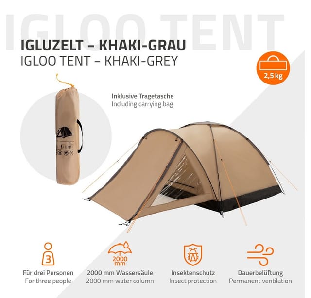 ECD Germany Campingzelt für 3 Personen 210x180x120 cm Khaki-Beige-Grau