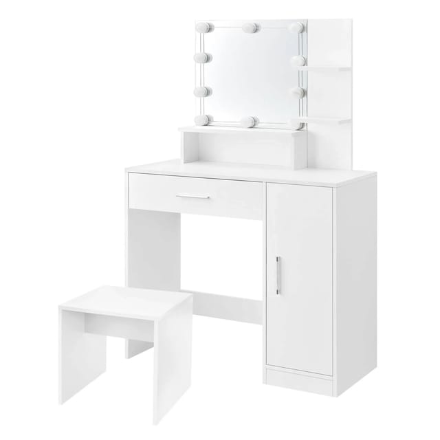 ML-Design Schminktisch mit LED-Beleuchtung Spiegel Weiß und Hocker 90x38x137 cm