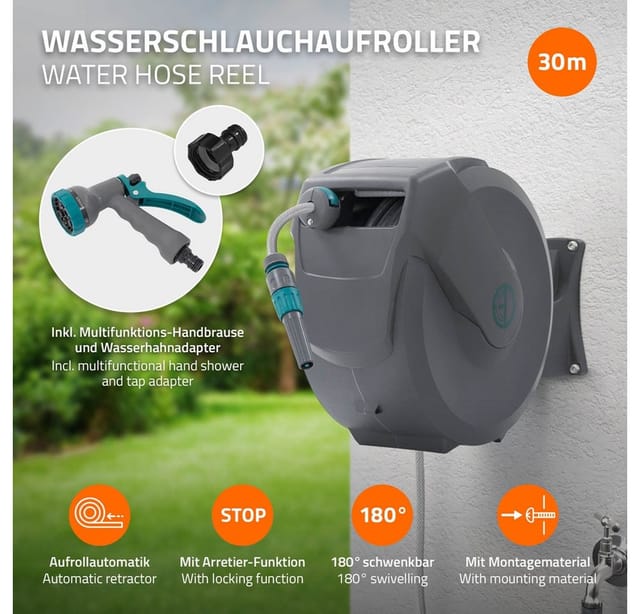 Ecd Germany Schlauchaufroller 30m Grau 180 Grad Schwenkbar Automatik