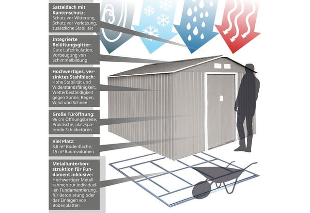 Hattoro S300 Metall Gerätehaus mit Bodenrahmen 12,5 m³ Satteldach Hellgrau