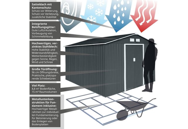 Hattoro S300 Metall Gerätehaus mit Bodenrahmen 12,5 m³ Satteldach Dunkelgrau