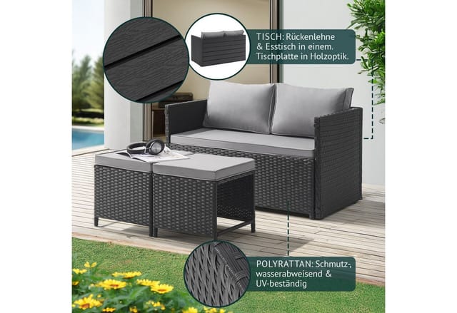 Svita Athina Sitzgruppe Outdoor Gartenmöbel Set Balkonmöbel Polyrattan Schwarz