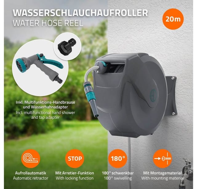 Ecd Germany Schlauchaufroller 20m Grau 180 Grad Schwenkbar Automatik
