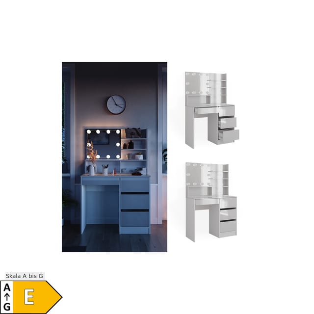 Vicco Schminktisch Sherry Weiß 40 cm mit LED Beleuchtung und Spiegelregal