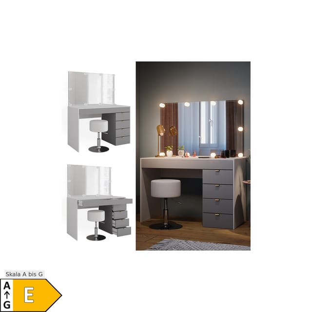 Vicco Schminktisch Elise Weiß/Grau/Grau/Grau 115 cm mit LED Beleuchtung und Hocker