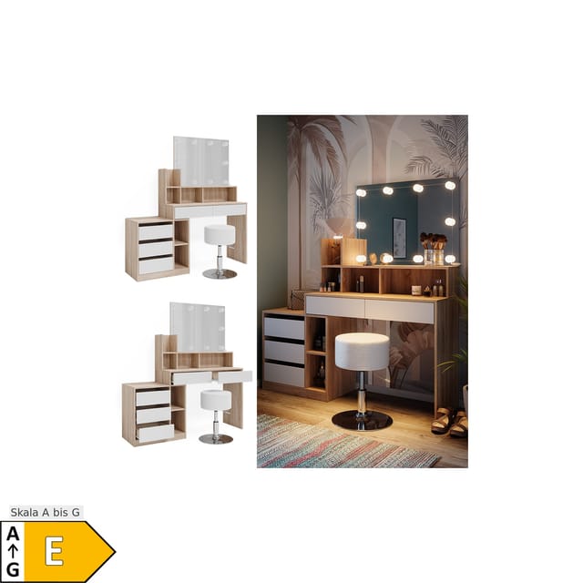 Vicco Schminktisch Anja Weiß/Sonoma/Sonoma 139.8 cm mit LED Beleuchtung und Hocker