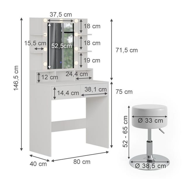 Vicco Schminktisch Taylor Weiß 80 cm mit LED Beleuchtung und Hocker