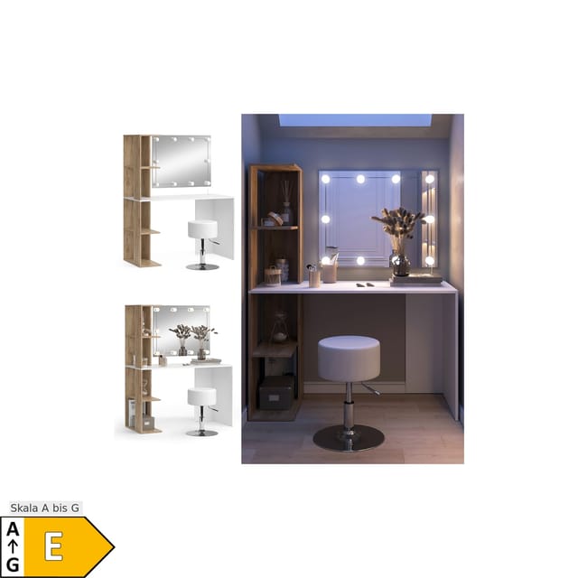 Vicco Schminktisch Tower Weiß/Sonoma/Sonoma 122.2 cm mit Beleuchtung und Hocker