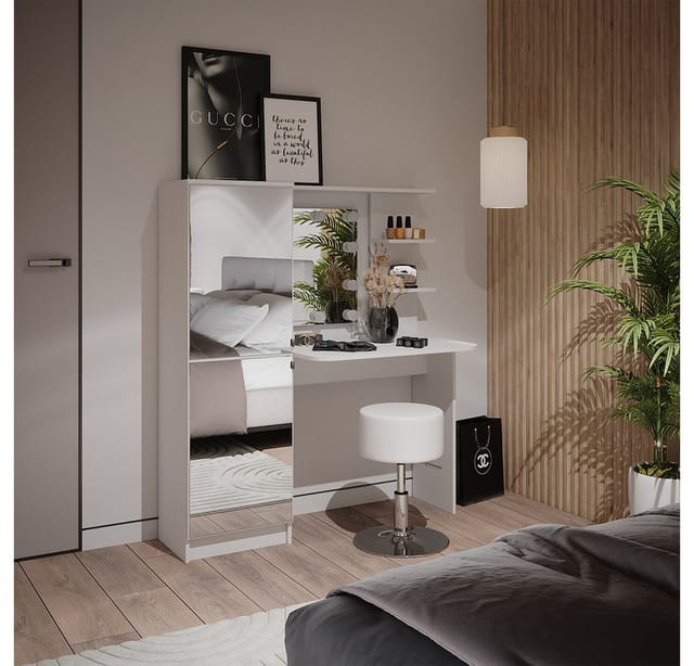Vicco Schminktisch Weiß 123 cm mit LED-Beleuchtung und Hocker