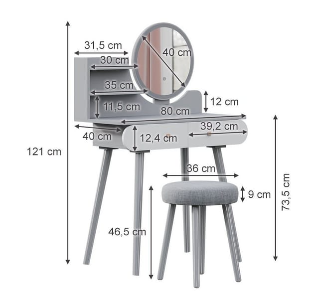 Vicco Schminktisch Edda Grau 80 cm mit LED Beleuchtung und Hocker