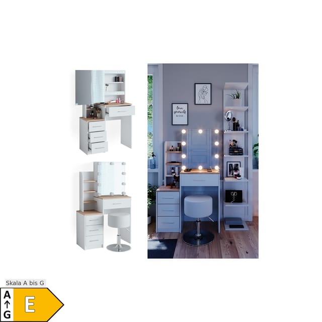 Vicco Schminktisch Conrada Weiß/Sonoma/Sonoma 36 cm mit LED Beleuchtung und Hocker