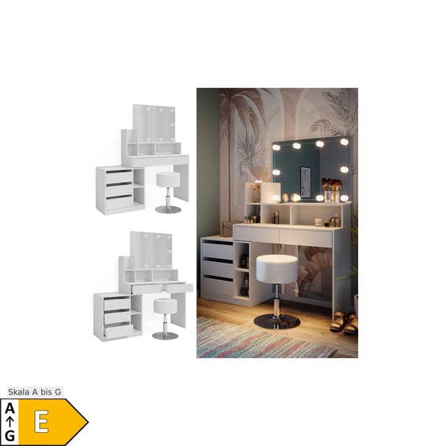 Vicco Schminktisch Anja Weiß 139.8 cm mit LED Beleuchtung und Hocker