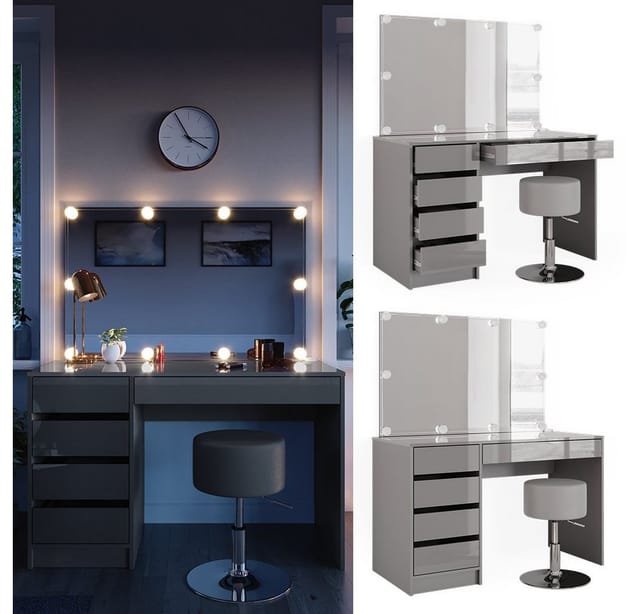 Vicco Schminktisch Sherry Grau 120 cm mit LED Beleuchtung und Hocker