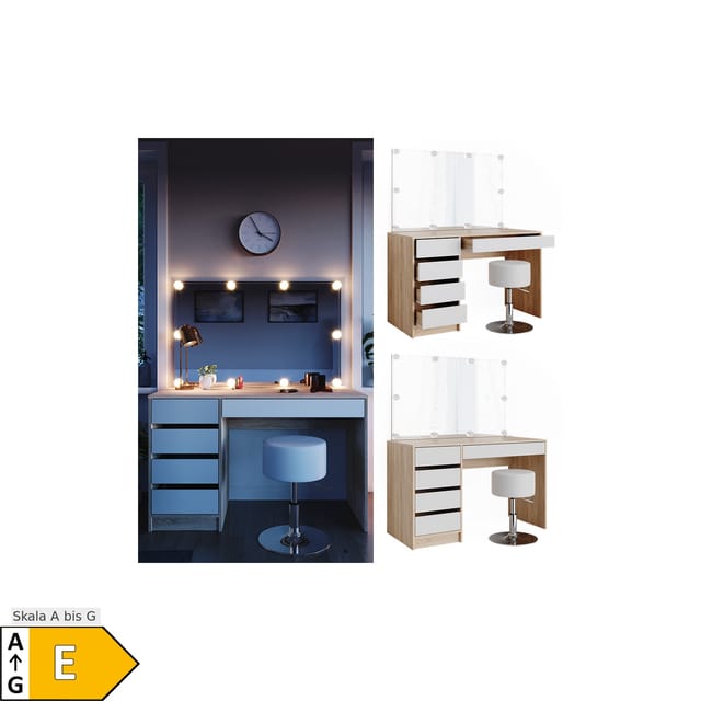 Vicco Schminktisch Sherry Weiß/Sonoma/Sonoma 120 cm mit LED Beleuchtung und Hocker