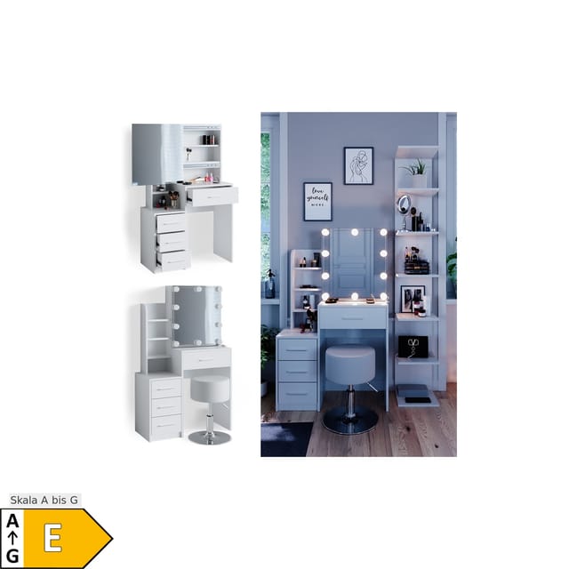 Vicco Schminktisch Conrada Weiß 36 cm mit LED Beleuchtung und Hocker