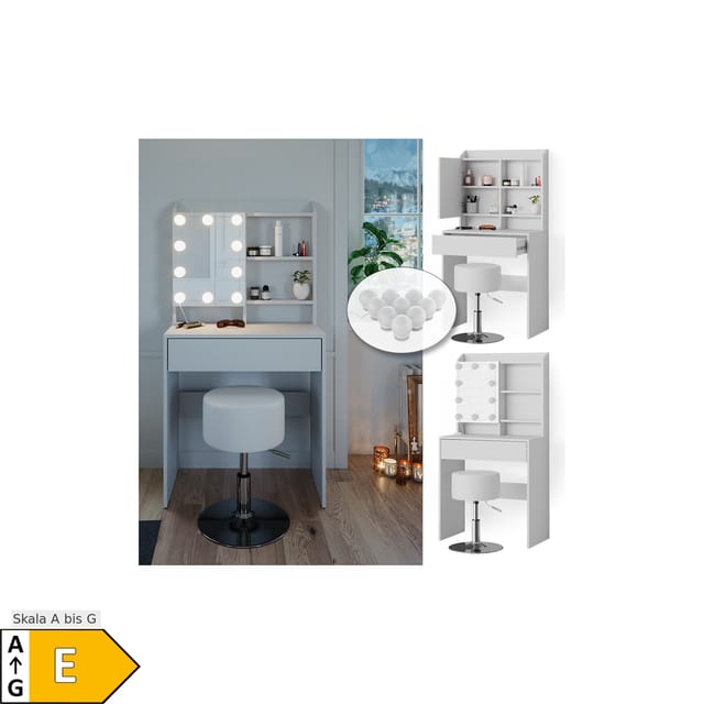 Vicco Schminktisch Laura Weiß 70 cm mit LED Beleuchtung und Hocker
