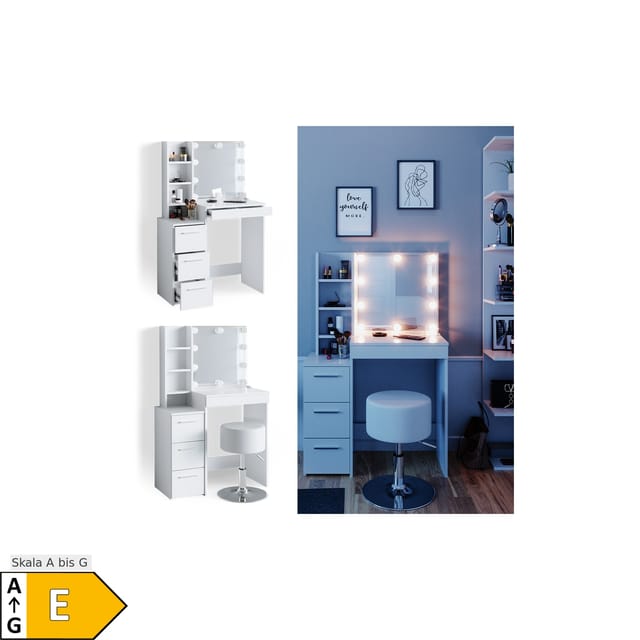 Vicco Schminktisch Meryl Weiß 40 cm mit LED Beleuchtung und Hocker