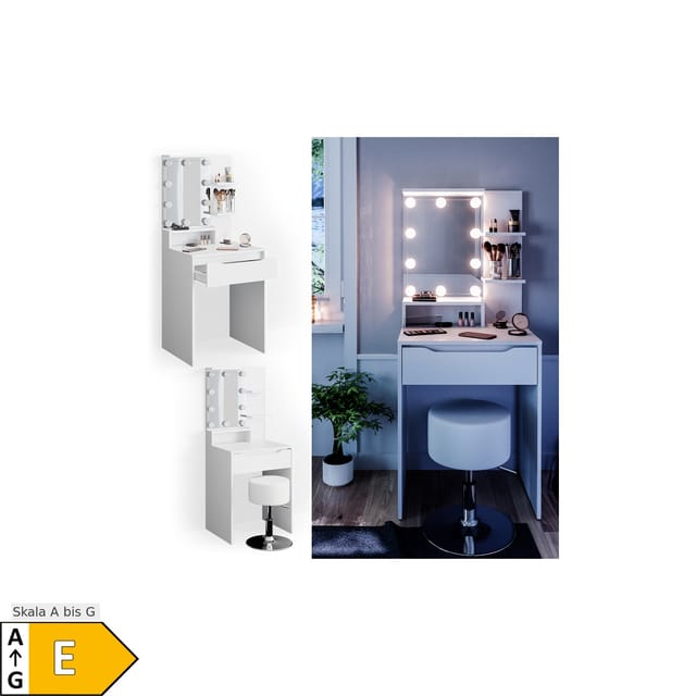 Vicco Schminktisch Ruben Weiß 60 cm mit LED Beleuchtung und Hocker
