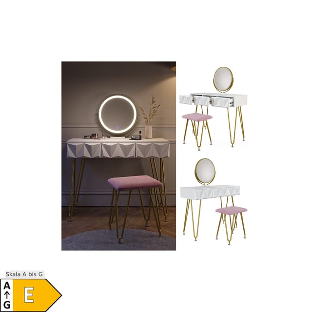 Vicco Schminktisch Ruby Weiß 100 cm mit LED Beleuchtung und Hocker