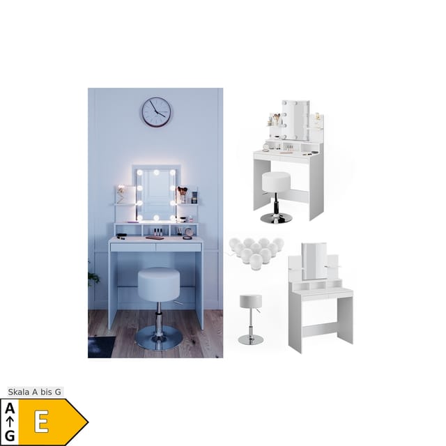 Vicco Schminktisch Ania Weiß 80 cm mit LED Beleuchtung und Hocker