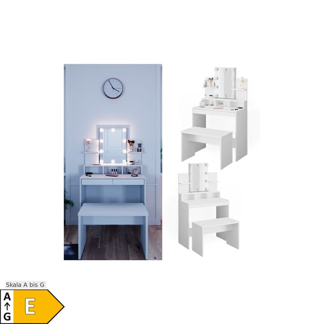 Vicco Schminktisch Ania Weiß 80 cm mit LED Beleuchtung und Bank