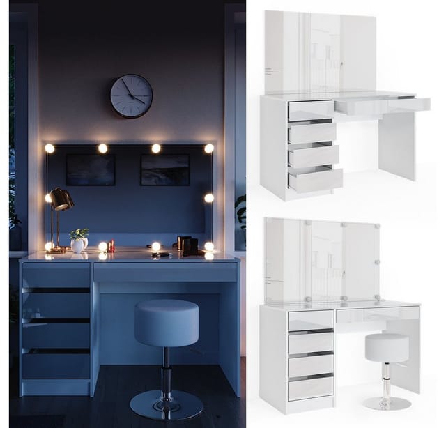 Vicco Schminktisch Sherry Weiß 55 cm mit LED Beleuchtung und Hocker