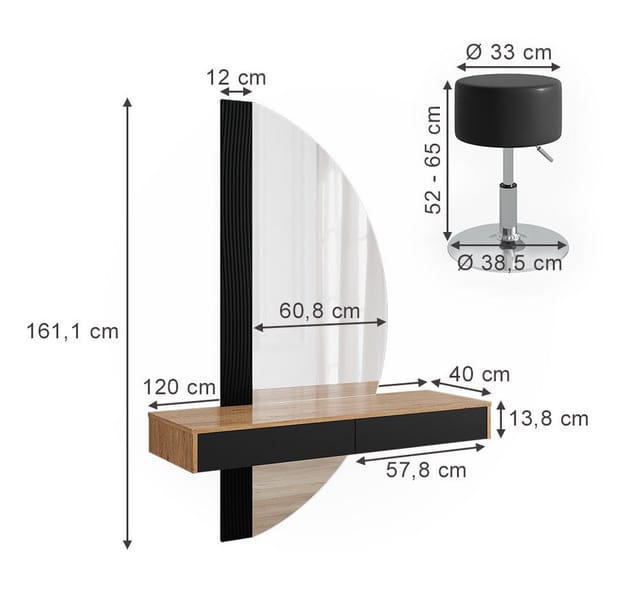 Vicco Schminktisch Melisa Schwarz/Eiche 120 cm mit Beleuchtung und Hocker