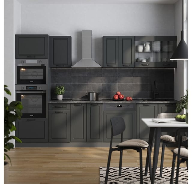 Vicco R-Line Küchenzeile Anthrazit Landhaus/Anthrazit 300 cm mit Hochschrankohne Arbeitsplatte ohne E-Geräte