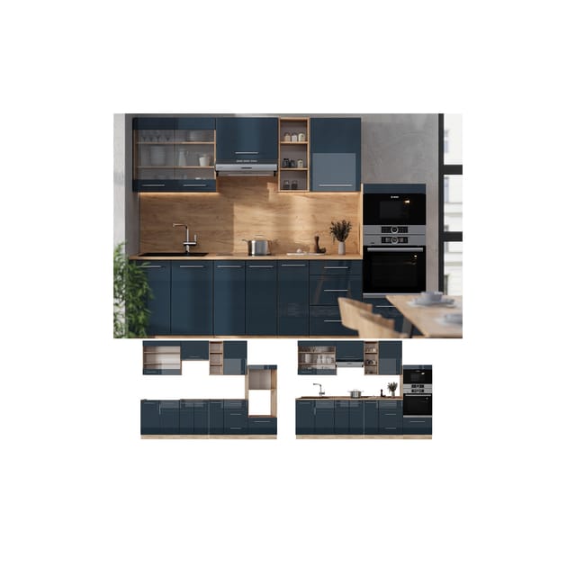 Vicco Fame-Line Küchenzeile Dunkelblau Hochglanz/Goldkraft Eiche 280 cm ohne Arbeitsplatte ohne E-Geräte