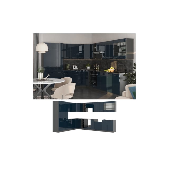 Vicco Fame-Line Eckküche Dunkelblau Hochglanz/Anthrazit 257 x 60 cm AP Marmor ohne E-Geräte