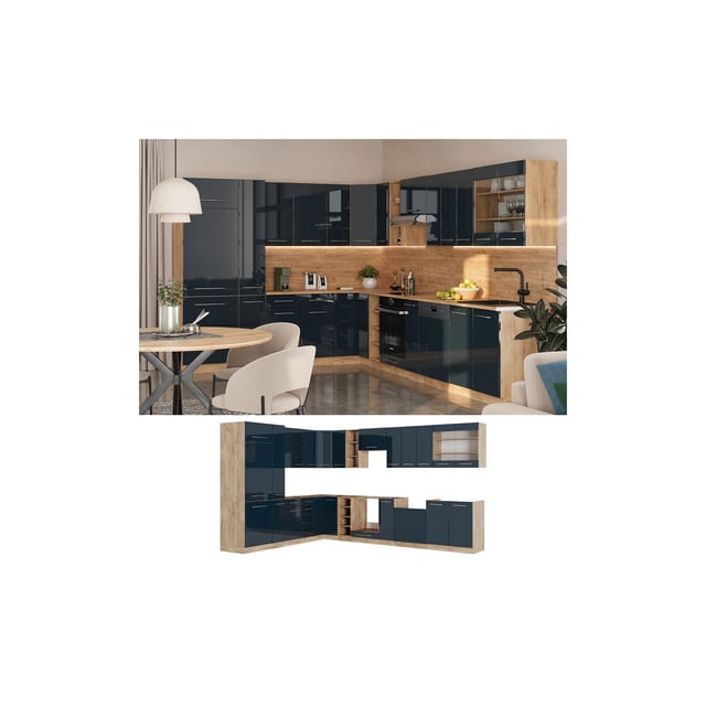Vicco Fame-Line Einbauküche Dunkelblau Hochglanz/Goldkraft Eiche 257 x 60 cm AP Anthrazit ohne E-Geräte