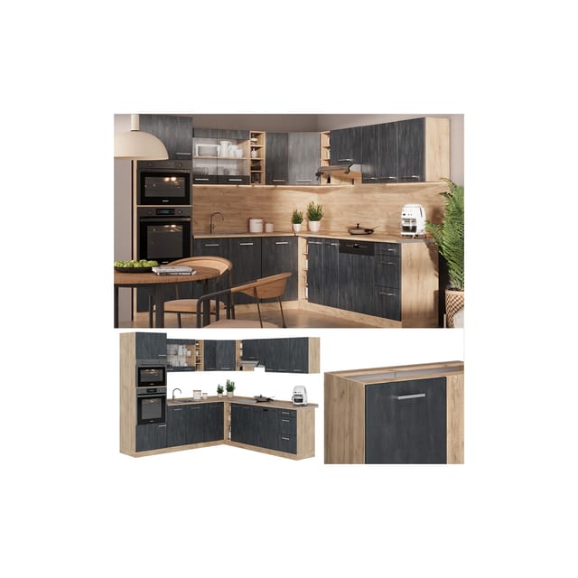 Vicco R-Line Einbauküche in L-Form Schwarz Beton/Goldkraft Eiche 237 x 247 cm ohne Arbeitsplatte ohne E-Geräte