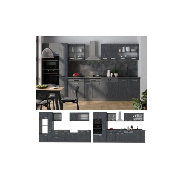 Vicco R-Line Komplettküche Schwarz Beton/Anthrazit 350 cm AP Marmor ohne E-Geräte